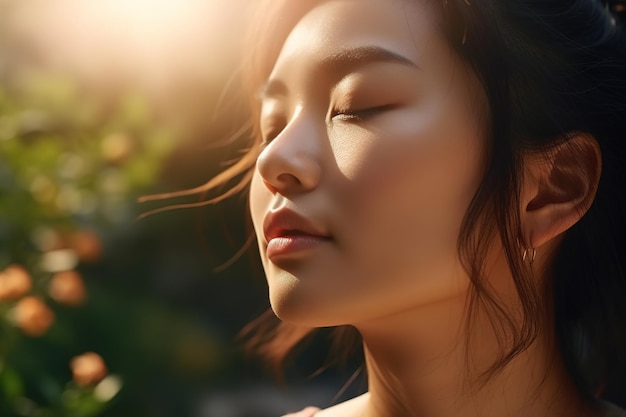 A Woman Standing Next To A Tree With Her Eyes Closed And Sun Shining On A Woman Standing Next To A Tree With Her Eyes Closed And Sun Shining On