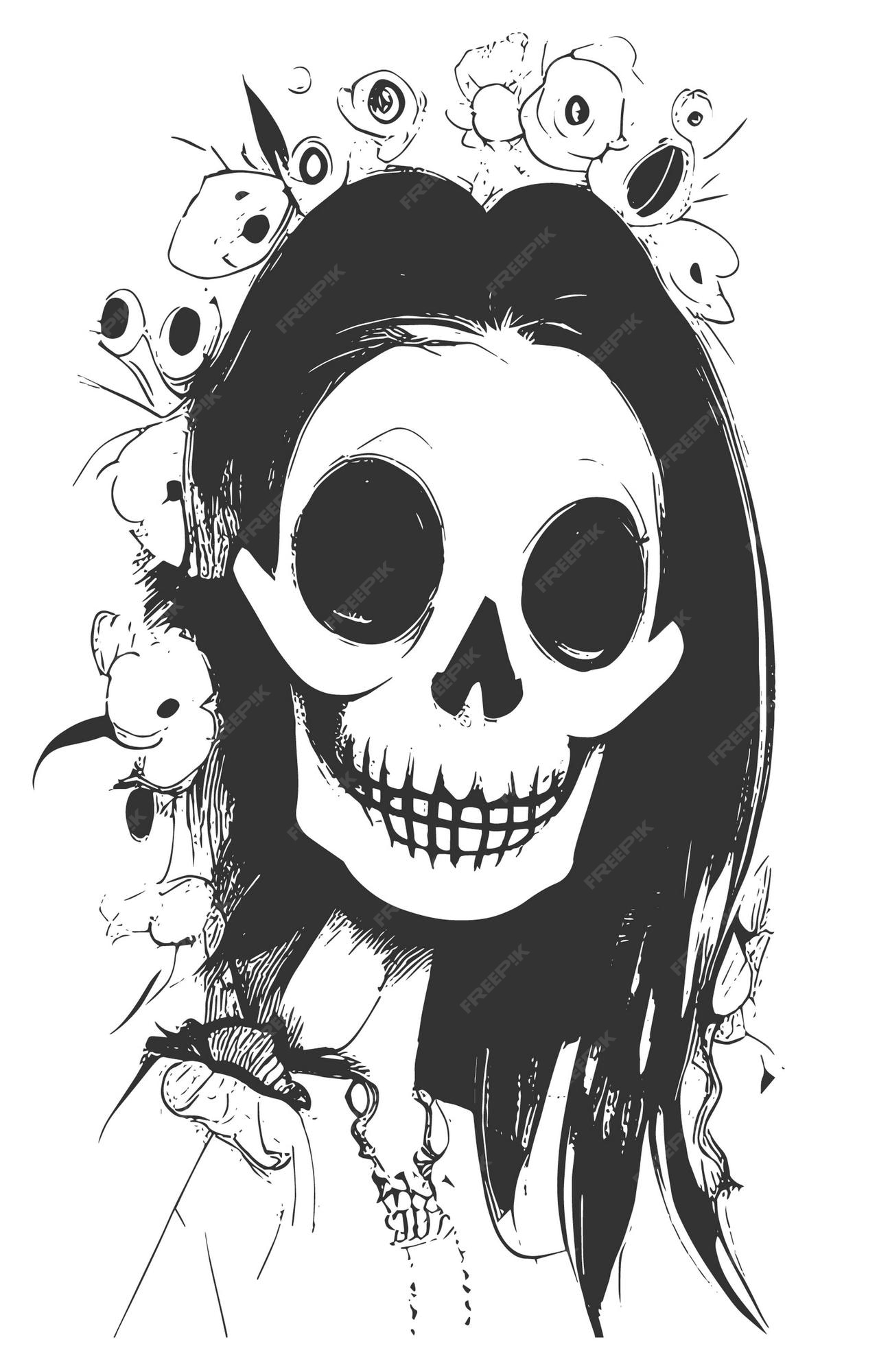Female Skull Tattoo Designs Hand Drawn Vector Black And White Clip Art Female Skull Tattoo Designs Hand Drawn Vector Black And White Clip Art