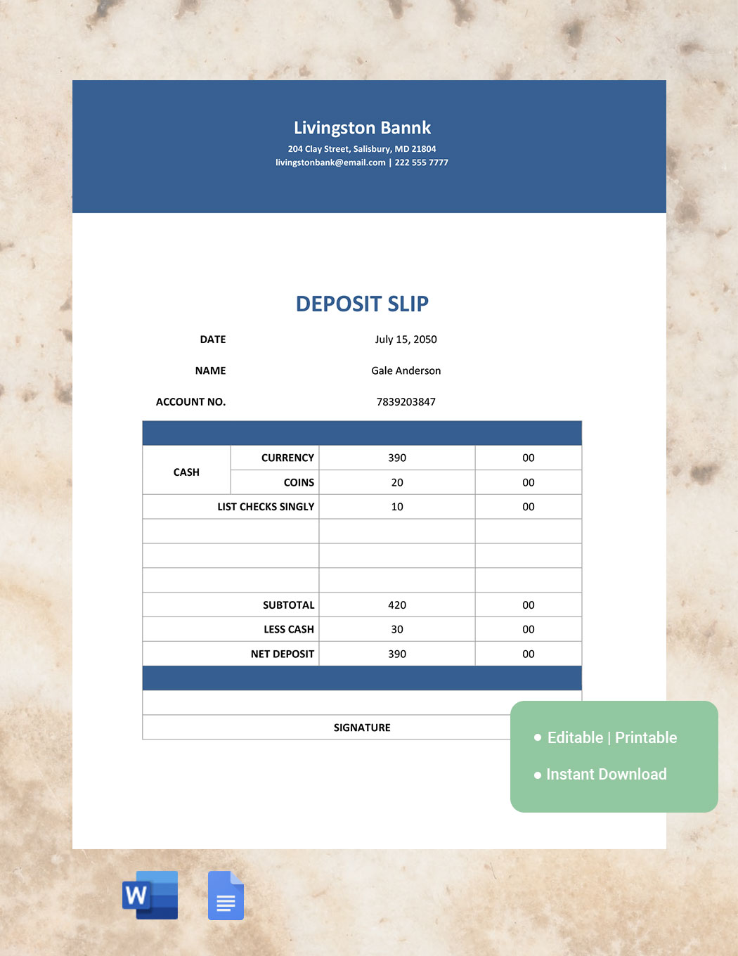 Printable Deposit Slip